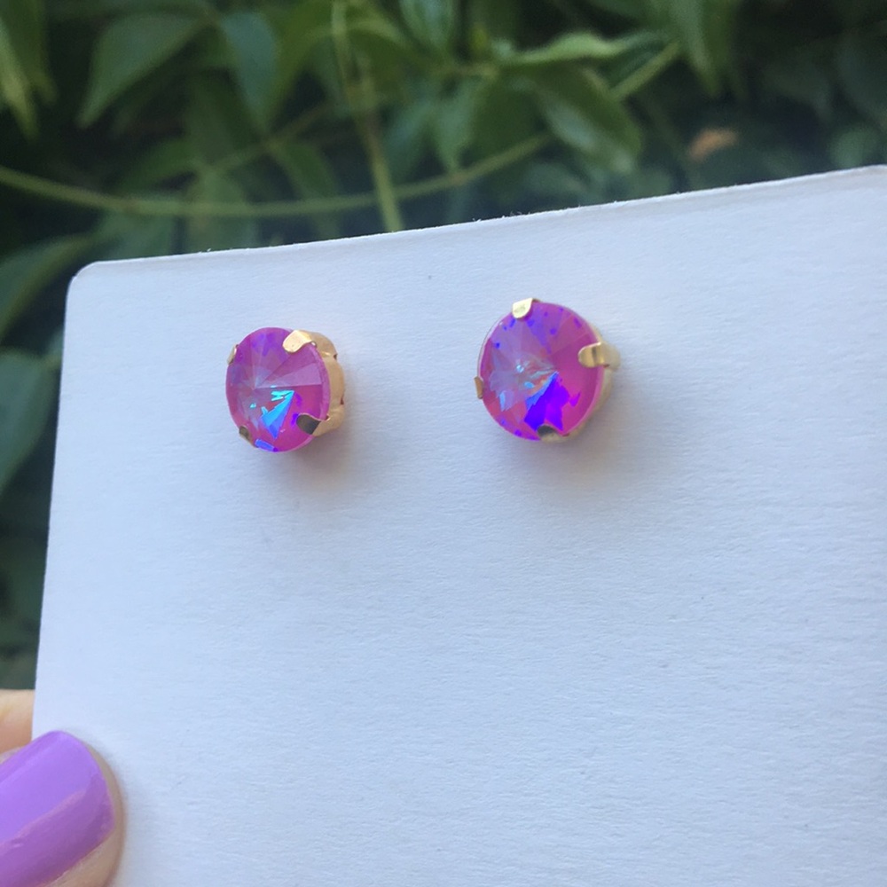 Fuchsia Hot Pink Aurora Borealis + Gold Rivoli Crystal Earrings - Picture 8 of 13
